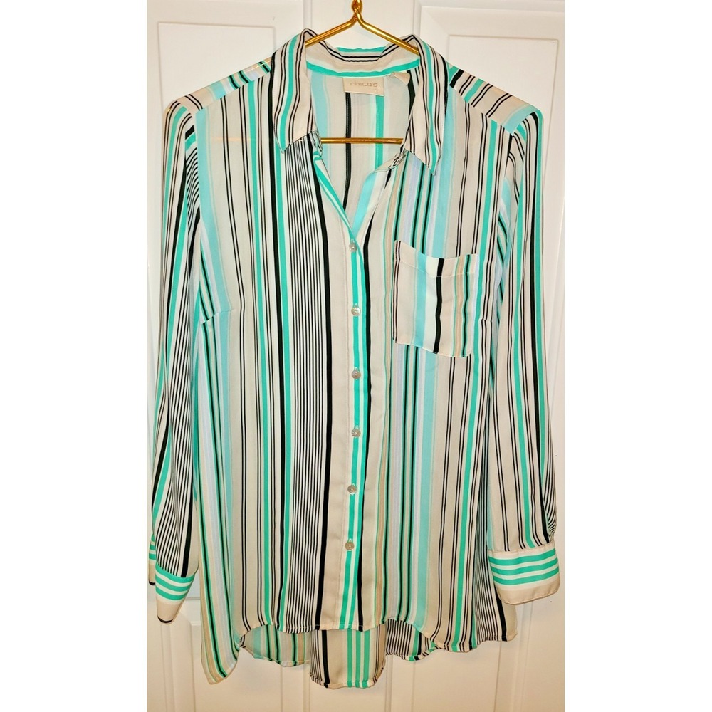 Chicos Button Up Stripe Blouse Tunic Buttons Sz 1 Career Aqua Green Black - Picture 2 of 7